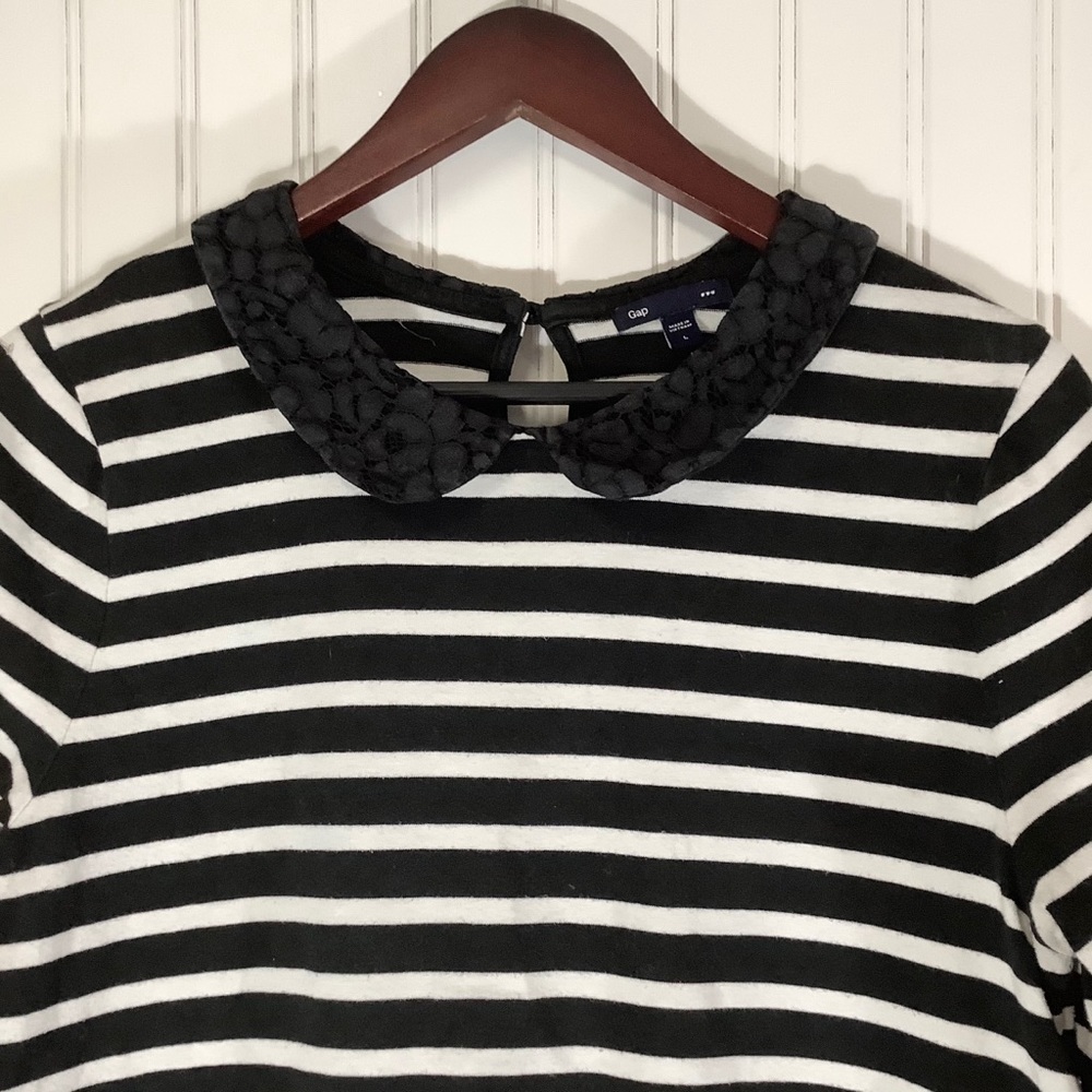 NAVY & WHITE STRIPE TOP WITH LACE COLLAR